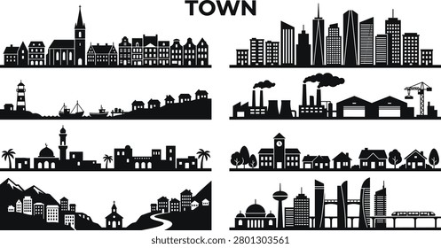 A comprehensive collection of black and white vector silhouettes representing diverse town environments and cityscapes. This set includes modern metropolitan skyscrapers, industrial zones, historic villages, and coastal port landscapes for graphic design.
