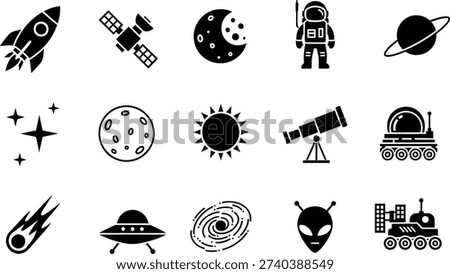 A comprehensive collection of black and white vector icons representing various elements of space exploration, astronomy, celestial bodies, and science fiction concepts.