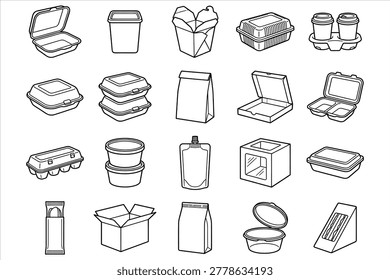 Comprehensive collection of black-and-white line-drawn takeout containers and packaging solutions for modern food service branding and menu design