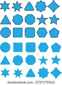 A comprehensive collection of blue geometric shapes, featuring various polygons and forms with black outlines against a white background.