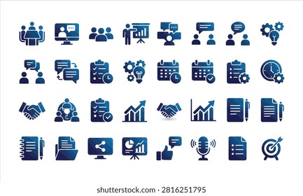 A comprehensive collection of blue gradient business icons representing meetings, planning, communication, strategy, and project management tasks.