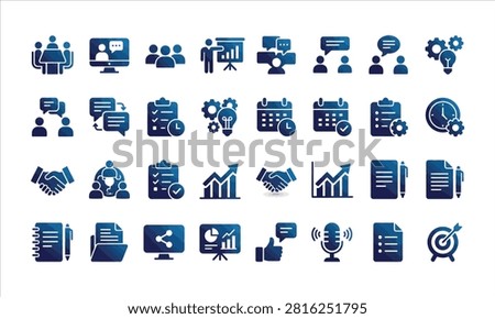 A comprehensive collection of blue gradient business icons representing meetings, planning, communication, strategy, and project management tasks.