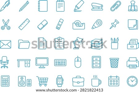 A comprehensive collection of blue gradient line art icons representing various office supplies, business equipment, and workplace stationery items arranged in a clean grid pattern.