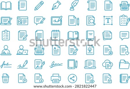 A comprehensive collection of blue line art icons representing various document types, file formats, office stationery, and administrative paperwork, arranged in a clean grid pattern.