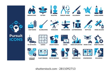 Comprehensive collection of blue vector icons illustrating diverse leisure pursuits, creative hobbies, technological crafts, outdoor activities, and relaxing indoor pastimes.