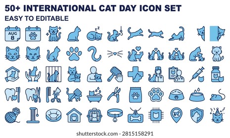 A comprehensive collection of blue and white vector icons representing cats, pet care, grooming, veterinary services, and accessories for International Cat Day.