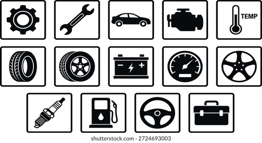 Comprehensive Collection of Car Service Icons Featuring Maintenance Tools, Engine Parts, Tires, Batteries, and Automotive Repair Workshop Symbols