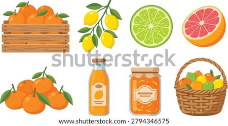 A comprehensive collection of citrus-themed vector icons featuring fresh fruits, harvest containers, and processed products like juice and marmalade. Perfect for food branding, grocery market promotions, and healthy lifestyle content.
