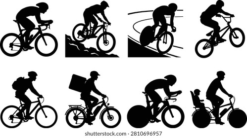 A comprehensive collection of clean black silhouette icons showcasing diverse cycling activities, athletic disciplines, and urban transportation uses. The top row focuses on competitive cycling sports, featuring a road cyclist in a drop-bar racing position, a mountain biker (MTB) navigating steep rocky terrain, a track cyclist racing on a banked velodrome curve with a disc rear wheel, and a BMX rider caught mid-air performing a stunt jump. The bottom row highlights utility and recreational styles, including a daily bicycle commuter wearing a backpack, a professional food delivery courier riding an e-bike with a cargo box, a triathlete or time-trial racer tucked in an aerodynamic aero-bar position with a full disc wheel setup, and a family parent riding an electric city bike equipped with a child seat on the rear rack. Ideal for bike shop branding, athletic race marketing, urban mobility planning graphics, delivery app interfaces, and fitness tracking applications.