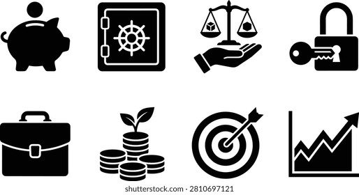 A comprehensive collection of clean black silhouette icons representing capital investments, banking operations, financial compliance, and commercial asset security. The set features a classic piggy bank with a dollar coin, a heavy armored bank safe vault door, a hand supporting a legal balance scale of justice with geometric shapes, a locked padlock being opened by a key, a professional corporate briefcase, a growing green plant seedling sprouting from stacks of coins, a target archery bullseye with an arrow, and an upward trending zigzag line chart representing market growth. Ideal for asset management portals, microfinance company websites, retirement banking blogs, business strategy planning presentations, and financial mobile application user interface icons.