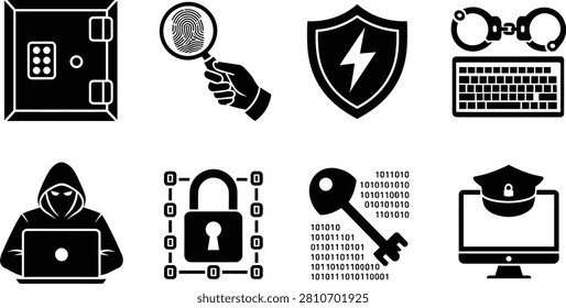 A comprehensive collection of clean black silhouette icons representing cybersecurity, digital data defense, information privacy, and cybercrime prevention. The set features a heavy combinations safe box, a hand holding a magnifying glass inspecting a fingerprint biometric scan, a protective security shield with a lightning bolt symbol, police handcuffs positioned over a computer keyboard, a hooded computer hacker operating a laptop, a padlock protected by a node network data stream, a digital decryption key surrounded by binary code arrays, and a police officer cap resting over a computer monitor screen. Ideal for data security company websites, corporate privacy policy documentation, information technology defense blogs, antivirus software marketing materials, and identity theft prevention infographics.
