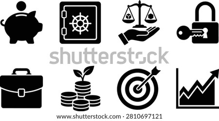 A comprehensive collection of clean black silhouette icons representing capital investments, banking operations, financial compliance, and commercial asset security. The set features a classic piggy bank with a dollar coin, a heavy armored bank safe vault door, a hand supporting a legal balance scale of justice with geometric shapes, a locked padlock being opened by a key, a professional corporate briefcase, a growing green plant seedling sprouting from stacks of coins, a target archery bullseye with an arrow, and an upward trending zigzag line chart representing market growth. Ideal for asset management portals, microfinance company websites, retirement banking blogs, business strategy planning presentations, and financial mobile application user interface icons.