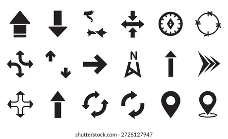 Una colección completa de iconos de dirección limpios y minimalistas con varios estilos de flechas, pines de ubicación, brújulas de navegación y símbolos de movimiento. Estas audaces siluetas de Vector negro son perfectas para el diseño de la interfaz de usuario (UI), la navegación por Sitio web, los gráficos de infografía, la señalización de orientación y el desarrollo de App móviles