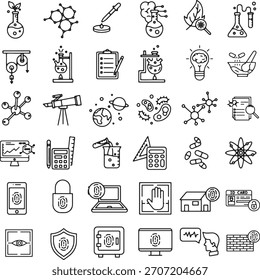 Una colección completa de iconos de contorno limpios y modernos que representan conceptos de ciencia y seguridad, perfectos para proyectos digitales e impresos.