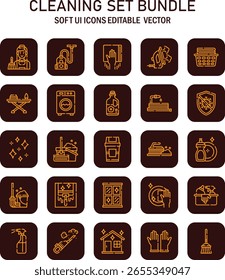 Comprehensive collection of cleaning tools icons, depicting various aspects of home maintenance and cleanliness in a