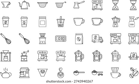 Comprehensive Collection of Coffee Brewing Line Icons Featuring Espresso Machines, Manual Grinders, French Press, Barista Tools, and Roasted Specialty Coffee Beans