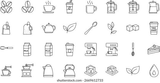 Colección integral de iconos de café y té Conjunto de Vectores de contorno para proyectos de diseño relacionados con bebidas y gráficos de menús