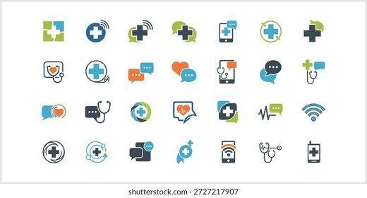 Uma coleção abrangente de ícones vetoriais coloridos que representam vários aspectos da saúde, serviços médicos, comunicação digital e bem-estar, apresentando símbolos como cruzes, estetoscópios, corações, bolhas de fala e dispositivos móveis