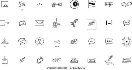Eine umfassende Sammlung von Kommunikations-, Messaging- und Informationssymbolen im Line-Art-Stil