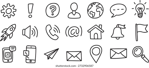 Colección integral de íconos de comunicación y tecnología. Símbolos de características para Configuraciones, alertas, ayuda, perfiles de usuario, conexión global, mensajes, ideas, innovación, sonido, contacto, hogar y ubicación. Estilo de contorno negro simple para varias aplicaciones digitales.