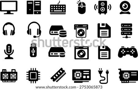 Comprehensive Collection of Computer Hardware Icons featuring Peripheral Devices, Internal Components, Data Storage, Networking Equipment, and Modern Digital Technology Vector Symbols