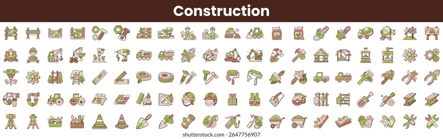 Uma coleção abrangente de ícones de construção mostrando ferramentas, máquinas e equipamentos de segurança, perfeito para design, planejamento e ilustração de projetos de construção.