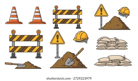 Colección integral de equipos de seguridad en obras de construcción, incluidos conos de tráfico, barreras, sacos de arena, pilas de tierra y señales de advertencia.