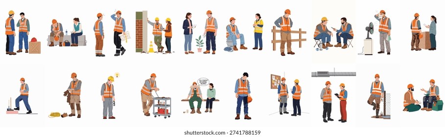 A comprehensive collection of construction workers and engineers in various work and break scenarios, illustrating teamwork, challenges, and daily life on site.