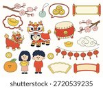 A comprehensive collection of cute, hand-drawn vector illustrations for Chinese New Year. Includes a lion dance, a dragon, children holding gold ingots, lanterns, coins, a drum, cherry blossoms, scrolls, and clouds. Perfect for Spring Festival designs