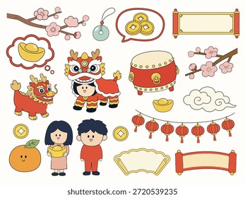 Una colección completa de lindas Ilustraciones vectoriales dibujadas a mano para el Año Nuevo Chino. Incluye una danza del león, un dragón, niños sosteniendo lingotes de oro, linternas, monedas, un tambor, flores de cerezo, pergaminos y nubes. Perfecto para los diseños del Festival de Primavera