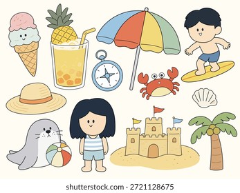 Uma coleção abrangente de ilustrações vetoriais bonitas e desenhadas à mão para temas de verão e praia. Inclui um menino surfista, menina, foca, caranguejo, castelo de areia, palmeira, sorvete, suco de abacaxi, guarda-chuva, chapéu de palha, bússola e concha.