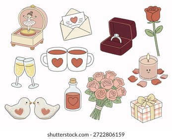 Una colección completa de lindas Ilustraciones vectoriales dibujadas a mano para el Día de San Valentín. Incluye una caja de música de bailarina, anillo de diamantes, carta de amor, copas de champán, ramo de rosas, tazas de pareja, vela perfumada, pájaros del amor, poción de amor y una caja de regalo a cuadros