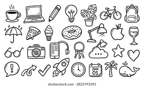 Comprehensive collection of daily life icons and lifestyle symbols, hand drawn food and beverage illustrations, travel and home leisure graphics, electronic gadgets and decorative elements, creative sketch style for personal blog and mobile app interface design projects.