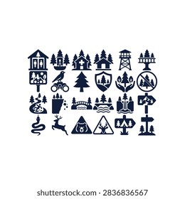 A comprehensive collection of dark blue flat icons representing national park activities, wildlife warnings, hiking trails, and forest facilities for map design.