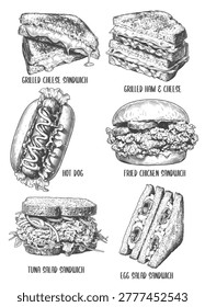 A comprehensive collection of detailed engraving style sandwich illustrations. Perfect for cafe menus, deli branding, fast food packaging, and commercial graphic design.