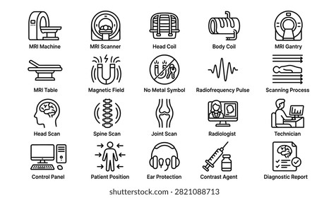 Comprehensive collection of diagnostic imaging medical icons featuring magnetic resonance imaging equipment clinical procedures and technical analysis tools including mri gantry body coils head scans spine assessments radiologist professional monitoring patient position safety signage.
