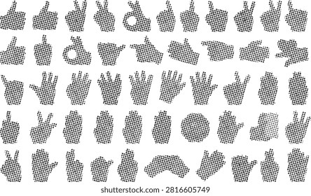 Comprehensive collection of different hand signs and counting gestures featuring a detailed black halftone dot texture.