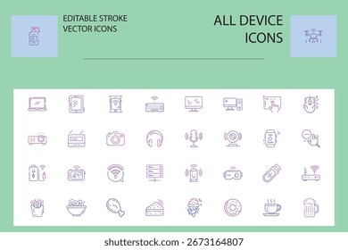 A comprehensive collection of digital device icons, showcasing various electronic gadgets and communication tools. This set provides clear, modern representations of technology, isolated on white back