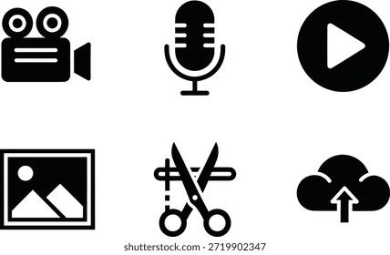 Uma coleção abrangente de ícones de mídia digital representando imagem de áudio de vídeo e funções de edição, ícones organizados em uma grade limpa, perfeitamente alinhada, design de vetor plano, cor preta sólida, traçado consistente e proporções, formato vetorial EPS totalmente editável, sem gradientes, sem sombras, sem texto