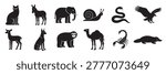 Comprehensive collection of diverse animal silhouettes in solid black. Minimalist wildlife and domestic creature icons on a transparent background, perfect for logos, nature-themed graphic design, and clean artistic projects.