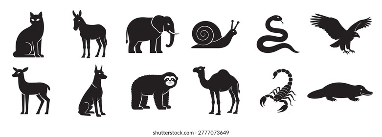 Comprehensive collection of diverse animal silhouettes in solid black. Minimalist wildlife and domestic creature icons on a transparent background, perfect for logos, nature-themed graphic design, and clean artistic projects.