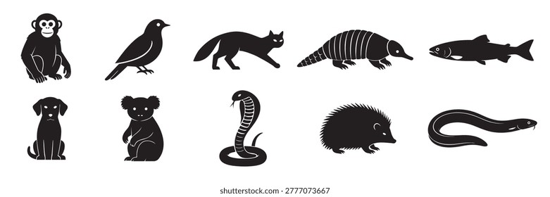 Comprehensive collection of diverse animal silhouettes in solid black. Minimalist wildlife and domestic creature icons on a transparent background, perfect for logos, nature-themed graphic design, and clean artistic projects.