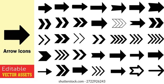 Colección completa de diversos íconos de flecha para navegación y movimiento con juego de Vectores de Diseños sólidos, chevrones y de línea de velocidad

Este recurso gráfico profesional cuenta con una amplia variedad de iconos de flecha, meticulosamente diseñados para la claridad y la comprensión universal. Aislado sobre un fondo limpio, el conjunto muestra una variedad de estilos, desde punteros rectangulares básicos hasta flechas modernas de estilo chevron y diseños dinámicos de múltiples líneas que representan la velocidad y el impulso. Las variaciones únicas incluyen flechas en zigzag, contornos huecos con patrones interiores y cabezas de puntero en forma de estrella para énfasis especializado. Organizados en una cuadrícula organizada para una selección rápida, estos recursos de Vector editables de alta calidad son perfectos para la navegación de interfaz de usuario o UX, señalización de orientación, infografías empresariales y diagramas de flujo técnicos. Su formato limpio y escalable garantiza un simbolismo direccional de alto impacto en todas las plataformas digitales y medios impresos.

Las características clave incluyen:
Gama dinámica de estilos: incluye flechas en negrita sólidas, chevrones geométricos y flechas de "velocidad" de línea paralela para diversas necesidades de diseño.

Formas geométricas especializadas: presenta colas serradas únicas y cabezas multipuntiagudas para aplicaciones creativas y técnicas.

Símbolos universales de interfaz de usuario o UX: optimizados para indicar el progreso, la selección, la secuencia y la navegación en Sitios web y App móviles.

Calidad de Vector de Profesional: archivo EPS totalmente escalable y editable, lo que permite una personalización sin problemas de tamaños y pesos de trazo sin pérdida de detalle.