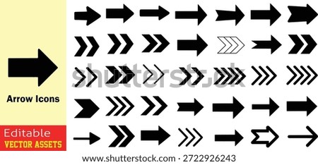 Comprehensive Collection of Diverse Arrow Icons for Navigation and Movement Featuring Solid, Chevron, and Speed-Line Designs Vector Set

This professional graphic resource features an extensive assortment of arrow icons, meticulously designed for clarity and universal understanding. Isolated on a clean background, the set showcases a variety of styles—from basic rectangular pointers to modern chevron-style arrows and dynamic multi-line designs that represent speed and momentum. Unique variations include zigzag-tailed arrows, hollow outlines with interior patterns, and star-shaped pointer heads for specialized emphasis. Arranged in an organized grid for quick selection, these high-quality editable vector assets are perfect for UI or UX navigation, wayfinding signage, business infographics, and technical flowcharts. Their clean, scalable format ensures high-impact directional symbolism across all digital platforms and print media.

Key Features include:
Dynamic Range of Styles: Includes solid bold arrows, geometric chevrons, and parallel-line 
