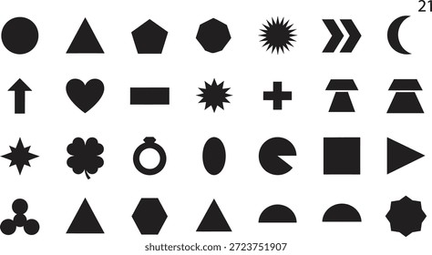 A comprehensive collection of diverse black abstract geometric shapes and universal symbols on a crisp white background - Powered by Shutterstock - Get 15% off with code: PIKWIZARD15