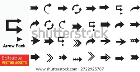 Comprehensive Collection of Diverse Black Arrow Icons and Graphic Elements Featuring Curved, Segmented, and U-Turn Directional Symbols Vector Set

This professional graphic resource features an extensive assortment of black arrow icons and symbolic elements, meticulously designed for modern digital and print applications. Isolated on a transparent-ready background, the collection covers a wide spectrum of directional representations: from simple straight pointers to stylized segmented tips, feathered edges, and complex interconnected loops. Notable designs include U-turn arrows for direction reversal, semicircular arcs for rotation, and unique arrows composed of parallel lines and dotted patterns for added texture. Arranged in a clean grid format, these high-quality editable vector assets are ideal for UI or UX design, web development, process flowcharts, and infographic creation. The consistent silhouette style and monochrome palette ensure a modern aesthetic that seamlessly integrates into any visual theme.

Key Features include:
Extensive Directional Variety: Includes straight, curved, arched, and circular arrows to represent progress, refresh, and cyclical processes.

Specialized Textural Designs: Features dotted, parallel-lined, and feathered arrow styles for unique visual interest and emphasis.

Complex Flow Indicators: Contains interconnected and looping designs, perfect for illustrating sequential processes and system architectures.

Professional Vector Quality: Fully scalable and editable EPS file, allowing for seamless customization of sizes and stroke weights without loss of detail.