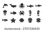 A comprehensive collection of diverse black silhouette icons featuring various sea creatures and marine life. Perfect for web design, educational materials, and ocean-themed projects.