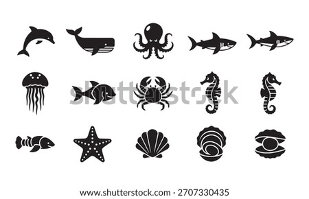 A comprehensive collection of diverse black silhouette icons featuring various sea creatures and marine life. Perfect for web design, educational materials, and ocean-themed projects.