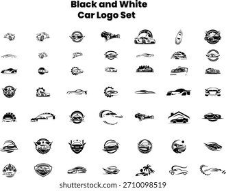 Uma coleção abrangente de diversos logotipos de carros em preto e branco, apresentando vários elementos e estilos de design automotivo.