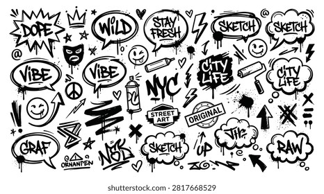 A comprehensive collection of diverse graffiti elements, perfect for urban-themed designs. This set includes dynamic speech bubbles with popular street phrases like 
